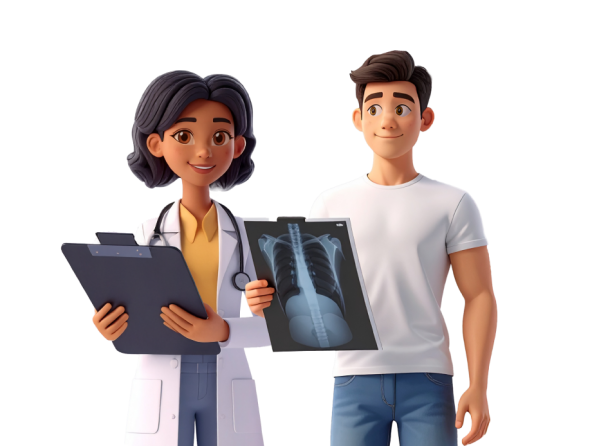 Ilustra&ccedil;&atilde;o de uma mulher m&eacute;dica segurando uma prancheta sorrindo tendo ao lado direito um homem segurando um raio-x