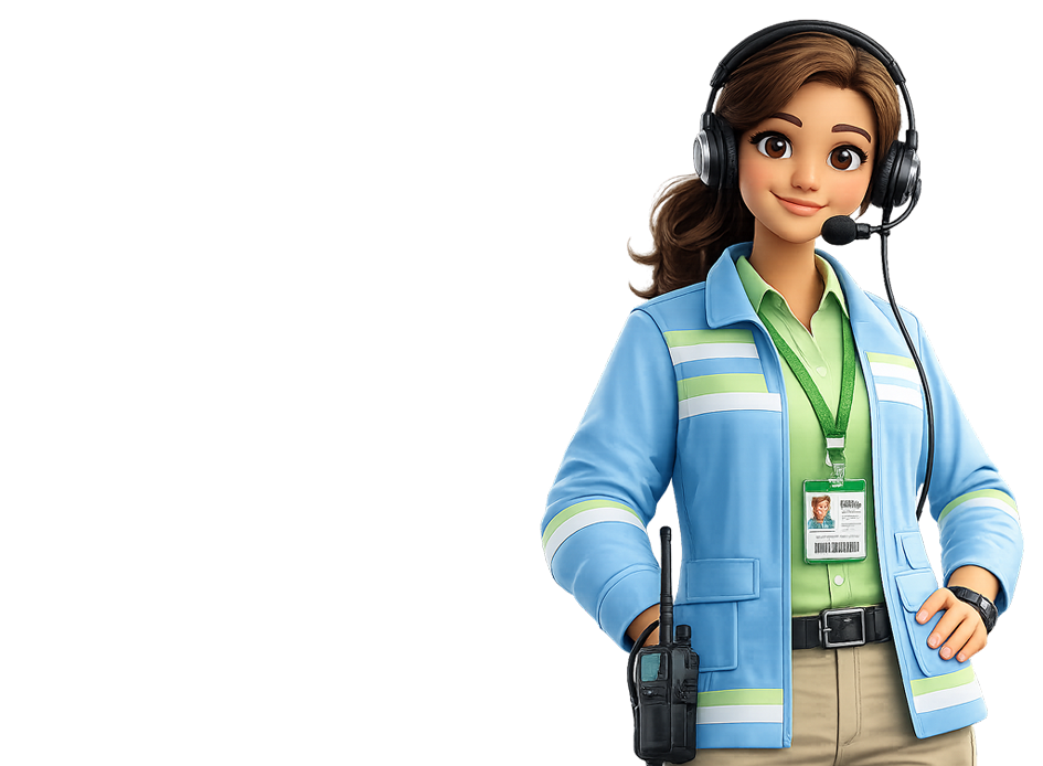 Ilustra&ccedil;&atilde;o de uma mulher com uniforme da vigil&acirc;ncia sanit&aacute;ria, usando headset de atendimento, sorrindo.