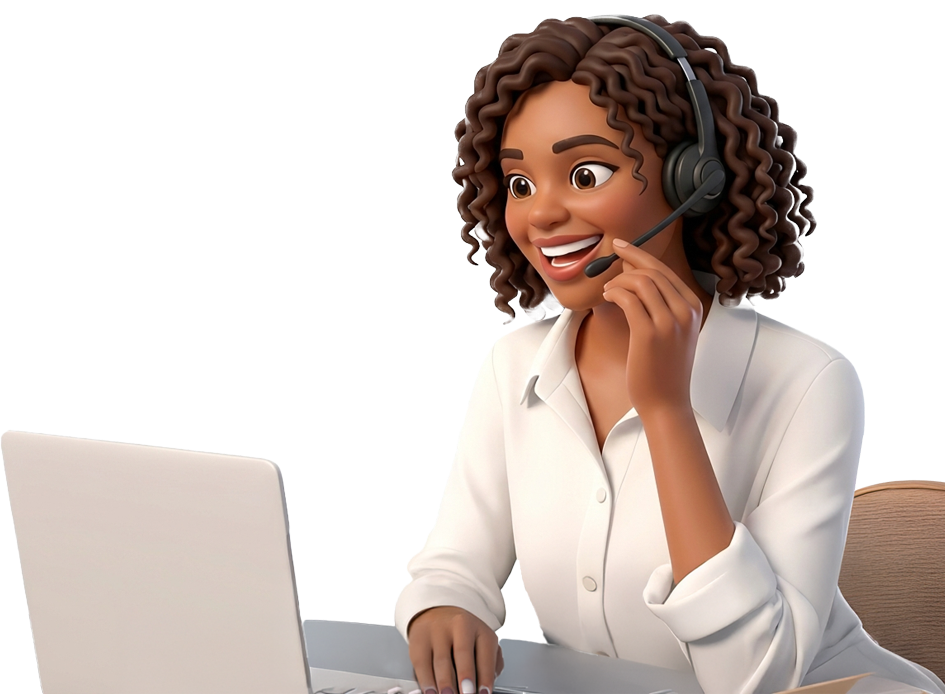 Ilustra&ccedil;&atilde;o de uma mulher de cabelos crespos e camisa branca, com headset de atendimento, sorrindo olhando para a tela de seu notebook